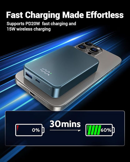 POAQCIF Magnetic Power Bank 26800mAh for Magsafe Portable Charger, Aluminum Alloy Large Capacity 20W USB-C in&Out Wireless Fast Charging for iPhone16 Plus Pro Max/15/14/13/12 Series, Blue