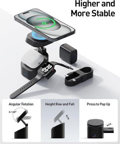 iWALK 3-in-1 Magnetic Wireless Charging Stand, 15W Foldable Charger Station for iPhone 16/15/14/13/12, Apple Watch & AirPods, Adjustable Dock with 20W USB-C Adapter