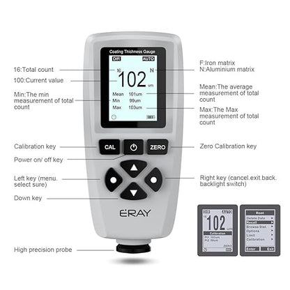 ERAY Mil Thickness Gauge, Coating Thickness Gauges, Paint Depth Gauge Meter with Backlight LCD Display for Car Automotive, Limit Alarm/Data Storage/Export Data/PC Software Analysis (Grey)