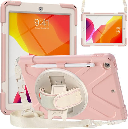 ZenRich Shockproof Case for iPad 9th/8th/7th Generation 10.2 inch 2021/2020/2019, Heavy Duty Rugged Case with Pencil Holder/360° Rotating Kickstand/Handle/Carrying Strap, SakuraPink