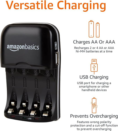 Amazon Basics Rechargeable Battery Charger for AA & AAA Nickel-Metal Hydride (NiMH) Batteries with USB Charging Port, Black