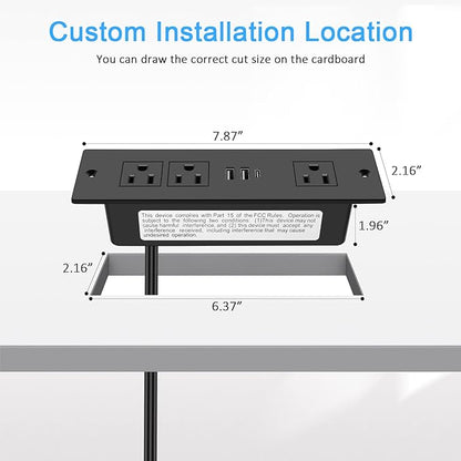 Recessed Power Strip, Furniture Drawer Outlet with 20W PD USB-C & 18W QC3.0 USB-A, Plug in 3 Outlets & USB Ports, Flush Mount 3FT Flat Extension Cord Conference Desk Outlets Black
