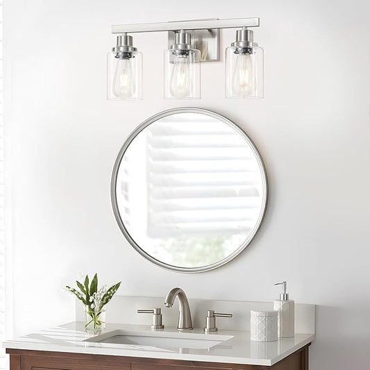 DIKAIDA 3-Light Bathroom Light Fixtures, Nickel Bathroom Vanity Light with Clear Glass Shade, Modern Bathroom Wall Lights Over Mirror, Farmhouse Wall Sconces Lighting for Bedroom Living Room