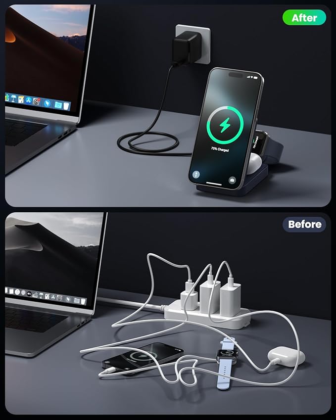 3-in-1 Wireless Charger Charging Station for iPhone, Qi2 Certified 15W Fast Charging Foldable Magnetic Charger Stand with 30W USB C Adapter for MagSafe iPhone 16/15/14/13/12, Apple Watch, AirPods