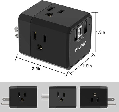 Cruise Ship Essentials, 3-Side Outlet Splitter with 3 USB Ports(1 USB C) USB Wall Charger, Outlet Extender for Home, Office and Cruise, ETL Listed, Black