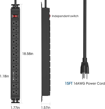 HHSOET Rotating Mountable Power Strip, 12 Outlet Wall Mount Surge Protector, Metal Heavy Duty and Versatile Outlet Strip, Stylish Appearance, Sturdy and Durable, 15ft Power Cord.(Black)