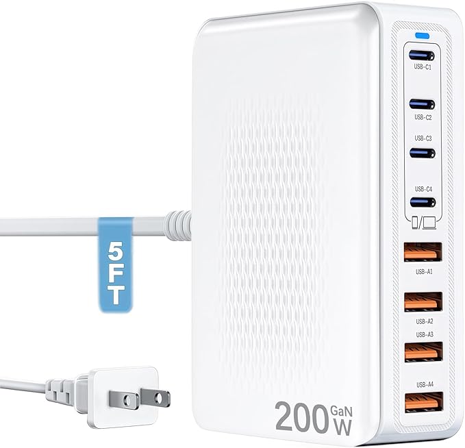 USB C Charger Block Charging Station - 200W Fast GaN 8-Port Multiple USB Charging Hub,65W Laptop Charger Compatible with MacBook Pro/Air,iPad,iPhone 16/15/14, Samsung S25/24,DELL,Steam Deck,5ft Cord