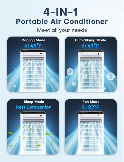 CENSTECH 4-IN-1 Portable Air Conditioners, Evaporative Air Cooler w/3Modes & 3Speeds, 12H Timer for Smart Auto-off, 1-Gal Tank for 15H Cooling, 26FT Remote, No Hose Needed, 70°Oscillating Swamp Cooler