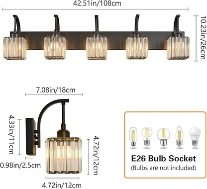 FDPBY 5-Light Crystal Vanity Light, Modern Black Bathroom Wall Sconce with K9 Crystal Shades, 42.51" Long Over Mirror Lighting for Vanity, Makeup, Hallway, Elegant & Easy Installation