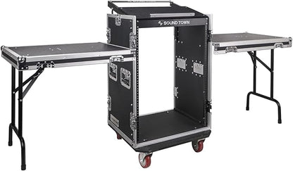 Sound Town Heavy-Duty 1/2" (12mm) Plywood 16U PA DJ Rack/Road ATA Case with 11U Slant Mixer Top, 20" Rackable Depth, 2 DJ Work Tables and Casters, Pro Tour Grade (STMR-16UWT2)