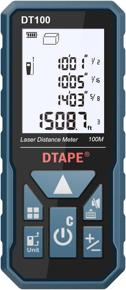 Laser Measure, DTAPE 330 Ft Digital Laser Distance Meter, Upgraded High-Accuracy Laser Measuring Tool, Electronic Tape Measure, 2" Backlit LCD Display, Area/Volume/Indirect Measurement, in/Ft/Ft+in/M