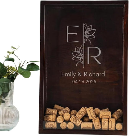 ARYCRAFTS Personalized Wooden Wine Cork Holder Shadow Box – Custom Engraved Display Case for Weddings, Engagements, Anniversaries & Wine Lovers – Rustic Memory Keepsake with Clear Front Panel