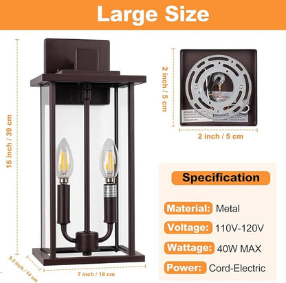 SIAFAVOI 2-Pack 16" Large Outdoor Wall Light Fixtures, 2-Light Exterior Front Porch Light, Brushed Outdoor Sconce Lights, Waterproof Farmhouse Lamp Lighting (Bronze, 16in No Sensor)