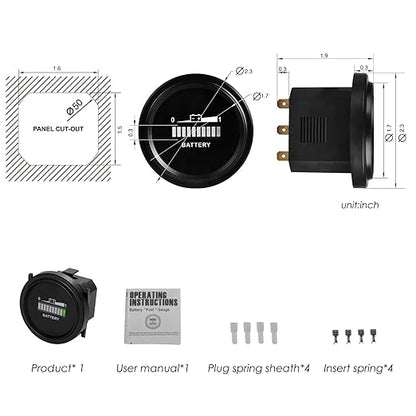 NinE-ROnG LED Battery Indicator Meter Gauge - Lead Acid 12V to 72V, Monitor Battery Level & Capacity for Golf Cart, Forklift, Star Car, Club Car