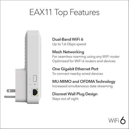 NETGEAR WiFi 6 Mesh Range Extender (EAX11) - Add up to 1,200 sq. ft.,15 Devices with AX1600 Dual-Band Wireless Signal Booster & Repeater (up to 1.6 Gbps Speed), WPA3 Security, One WiFi Name