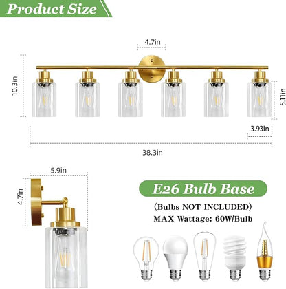 Guliaofo 6-Light E26 Gold Bathroom Vanity Lights, Modern Bathroom Light Fixtures with Clear Glass Shade, Wall Lamps for Mirror Hallway Kitchen Cabinet Living Room Sconces Lights