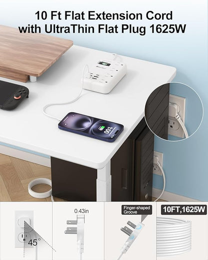 Beeiker 6 USB(2 USB C) Surge Protector Power Strip- 10 Ft Extension Cord with 24W USB Charging Station and 4 Outlets, Long Flat Extension Cord with Multiple Outlets for Travel Home Office Dorm White