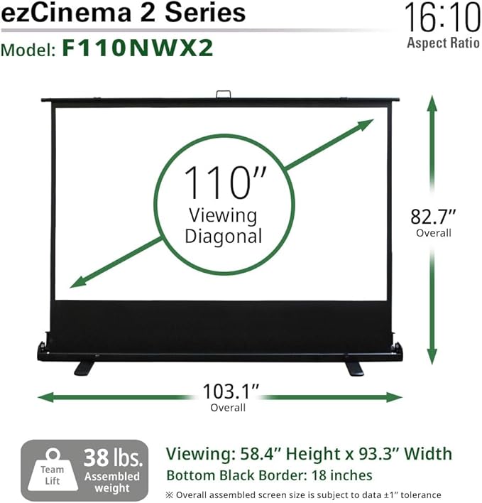 Elite Screens ezCinema 2, 110-inch 16:10 Portable Manual Floor Pull Up Scissor Back Projector Screen, Home Office Classroom Front Projection Carrying Bag, US Based Company 2-YEAR WARRANTY, F110NWX2