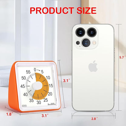 Secura 60 Minute Essential Visual Timer for Kids, Countdown Clock Timer for Special Education, Classroom, School, Desk, Home, Office, Silent Non-Ticking Time Management Tool (Orange & Orange)