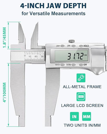 Mxmoonfree 12-Inch Digital Caliper with 4-Inch Jaw Depth, Precision Measuring Tool, Full Metal Frame, Large LCD Screen, Resolution 0.0005"/0.01mm, Ideal for Professionals & Hobbyists