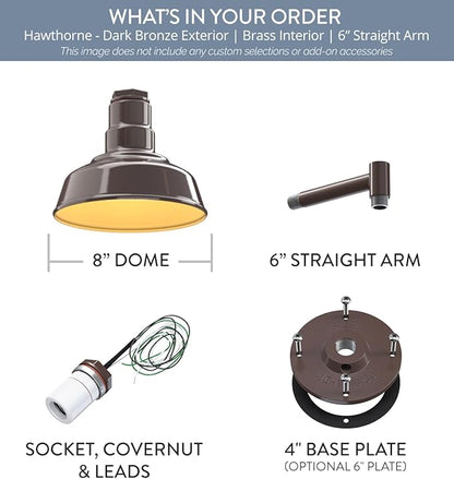 Steel Lighting Co. Hawthorne Barn Light | Outdoor Wall Mounted | 8 inch Dome | 6" Straight Arm | Small Farmhouse Light Made in America | Dark Bronze Exterior/Brass Interior