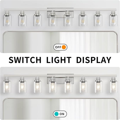 DIKAIDA 52inch Brushed Nickel Vanity Light Fixtures, 8 Light Brushed Nickel Bathroom Vanity Lights Over Mirror, Matte Nickel Modern Bathroom Wall Lighting for Mirror Bedroom,Living Room