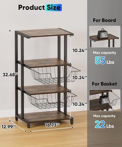 Ardier Media Stand with Two Detachable Baskets, 4-Tier AV Media Stand Corner Shelf for DVD Players/Cable Boxes/Games Consoles, Audio Storage Rack for Living Room, Gaming Room, Music Studio, Black