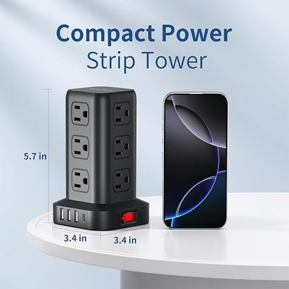 AnnTane Surge Protector Power Strip 6.5 FT Cord, Power Strip Tower with 4 USB Ports (1USB C), Extension Cord with 12 AC Multiple Outlets, Home Office Supplies Desk Accessories, Dorm Room Essentials