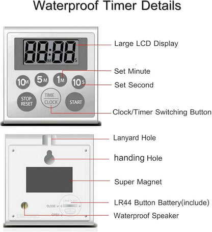 NUOSWEK Digital Timer Waterproof Shower Timer Shower Clock Bathroom Kitchen Timer with Strong Magnet and Large LCD Display (Waterproof 7 Key)