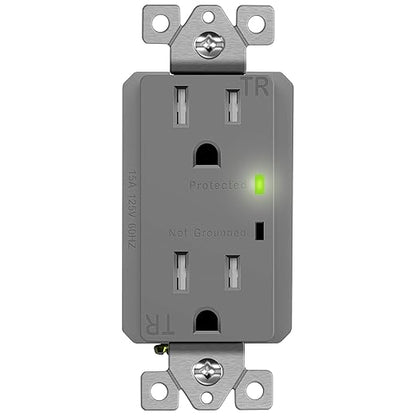 TOPGREENER Surge Protector Receptacle with Grounding Indicator, Child Safe, Tamper-Resistant, Self-Grounding, 900 Joules, 2-Pole, 15A 125V, UL Listed, TGTRSS215R-GY, Gray