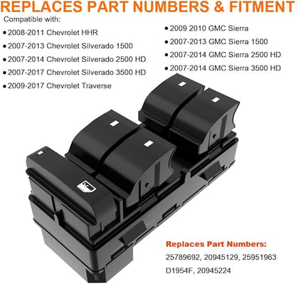 Power Window Master Control Switch Front Left Driver Side fit for 2007-2013 Chevy Silverado GMC Sierra 1500 2500HD 3500HD Traverse HHR Buick Enclave Replaces OE 25789692, 20945129, 25951963, 20945224