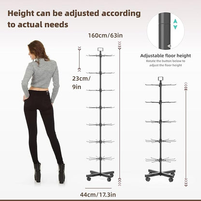 YEOOE Retail Display Racks 7 Tier Spinning Display Stand, Movable Shop Spinner Rack with Hooks, Retail Display Stand for Jewelry Keyring Hats Socks Toys (Black)