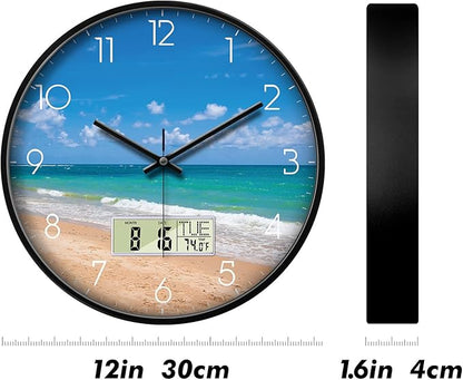 Modern Wall Clocks with Calendar and Date Ocean Wave Sea Beach Digital Clock Large Display Non-ticking Kitchen Silent Clock With Day and Temperature for Elderly Farmhouse Living Room Bathroom 12 Inch