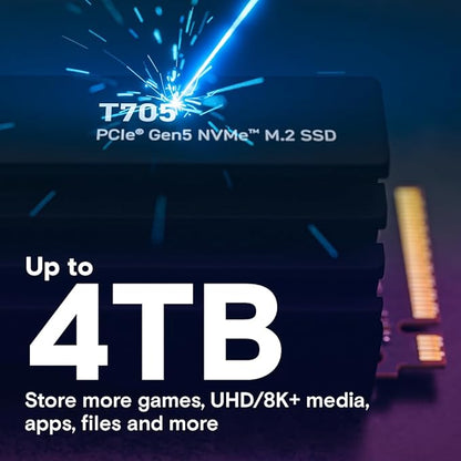 Crucial T705 PCIe Gen5 NVMe 1TB SSD with Heatsink, Up to 13,600MB/s, TLC NAND, Laptop & Desktop (PC) Compatible, for Creatives and Hardcore Gamers, Solid State Drive, 1Mo Adobe CC – CT1000T705SSD5