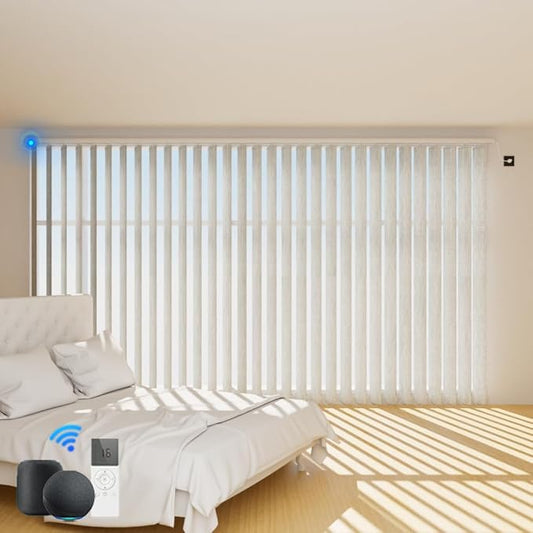 Blindify Motorized Vertical Blinds Compatible with Alexa Google Home, Blackout Sliding Door Shades Smart Vertical Blinds Remote Control Customize, Off-White