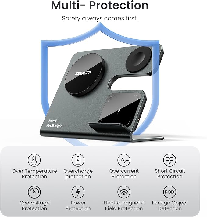3 in 1 Aluminum Alloy Magnetic Wireless Charging Station Compatible with iPhone 16/15/14/13/12 Series, ESSAGER 15W Wireless Charger Office Bedroom Table for Airpods 4/3/2/Pro, iWatch with 20W Adapter