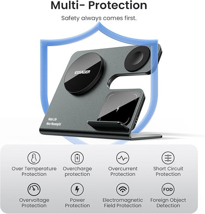 3 in 1 Aluminum Alloy Magnetic Wireless Charging Station Compatible with iPhone 16/15/14/13/12 Series, ESSAGER 15W Wireless Charger Office Bedroom Table for Airpods 4/3/2/Pro, iWatch with 20W Adapter