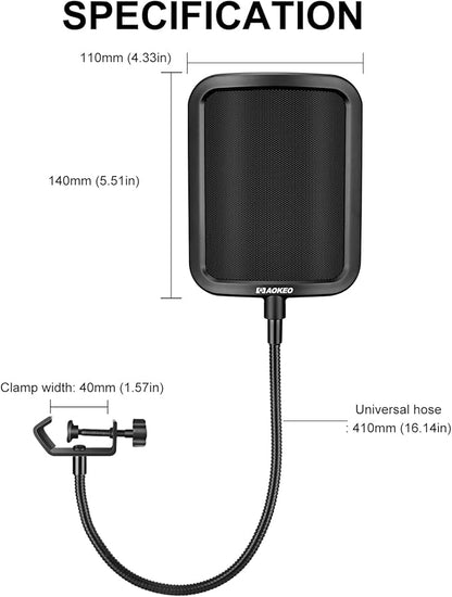 Aokeo Metal Pop Filter,Metal Mesh Layer Microphone Windscreen for Hyperx QuadCast, Blue Yeti and Other Mics,Pop Shield with Flexible 360° Gooseneck Clip Stabilization Arm