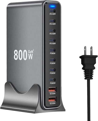 800W USB C Fast Charger Block, 10 Ports GaN III USB Chagring Station, Dual 140W PD PPS HUB for Multiple Devices, Laptop Adapter Compatible with MacBook Pro/Air iPad iPhone Pro Max, Galaxy, Dell, HP
