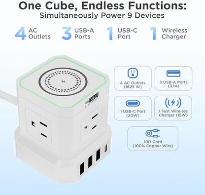 Uncaged Ergonomics Wireless Cube Charger & Power Strip with USB Ports, Surge Protection, 10ft Extension Cord with Wireless Charger, 4 AC Plugs & 3 USB Ports, 1 C Fast Charging with On/Off Switch