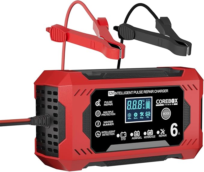 Corebox Battery Charger 6-Amp 12V Automatic Smart Battery Trickle Charger, Battery Maintainer Desulfator with Temperature Compensation for Car Truck Motorcycle Lawn Mower Marine
