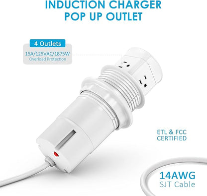 Jgstkcity Pop Up Outlet with 15W Wireless Charger,4 Outlets 15A, Splash Resistant,3 inch Desk Hole Power Grommet,Space Saver Outlet for Kitchen Countertop,Office Conference Table,ETL Listed