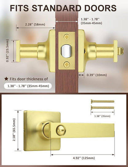Mengico 5 Pack Gold Privacy Lever Door Handle Interior with Lock, Heavy Duty Square Door Lock for Bed/Bath, Keyless Door Locksets, Reversible for Left Right Handed Doors