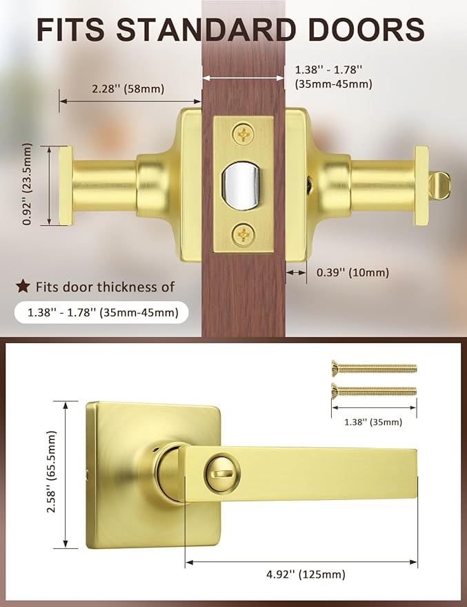 Mengico 8 Pack Gold Privacy Lever Door Handle Interior with Lock, Heavy Duty Square Door Lock for Bed/Bath, Keyless Door Locksets, Reversible for Left Right Handed Doors
