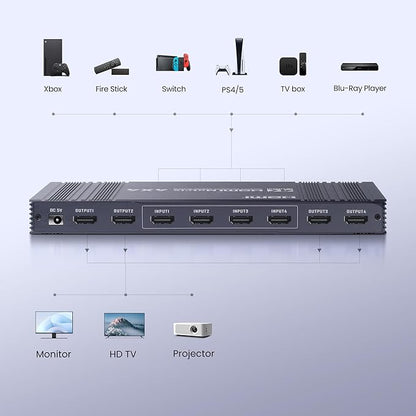 4x4 HDMI Matrix Switch 4K 30Hz, 4 in 4 Out HDMI Switch with Remote Supports HDR, 3D, HDMI 1.4, HDCP 1.4, Downscaler 4K & 1080P, 4 Way HDMI Splitter Switch for Fire TV Stick, Xbos, PS4/5