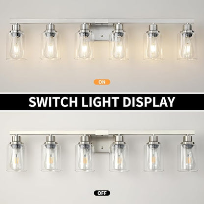 DIKAIDA Bathroom Vanity Light, 6-Light Nickel Modern Matte Wall Sconce Lighting with Clear Glass Shade, Wall Lights,Bath Vintage Wall Mounted Lamps for Mirror Bedroom Living Room