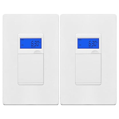 ENERLITES 7 Days Digital in-Wall Programmable Timer Switch for Lights, Fans, and Motors, Neutral Wire Required,7-Day 18 ON/Off Timer Settings, with Blue Backlight, UL Listed, HET01, White, 2 Pack