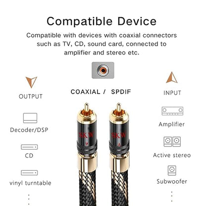 SKW Audiophiles Subwoofer Lock RCA Cable RCA to RCA Multiple Shield with Ultra-high Purity Copper Digital Coaxial Cable for HiFi Systems 6.5ft/2m
