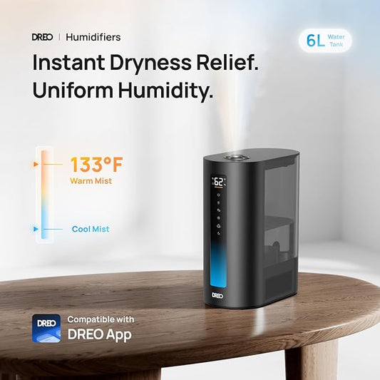 DREO 6L Humidifiers for Bedroom, Smart Warm & Cool Mist for Large Room, 60Hr Quiet Runtime for Baby, Plant, Humidity Sensor, Indicator Light, 12H Timer, Google/Alexa, Black