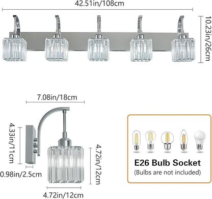 FDPBY Crystal Vanity Lights 5-Light Chrome Bathroom Vanity Lights Modern Crystal Bathroom Light Fixtures Over Mirror 42.51" Long Vanity Light for Bathroom